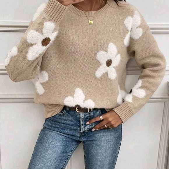 SHEIN Sweaters - SHEIN Essnce Floral Pattern Drop Shoulder Sweater Women's Size XL
